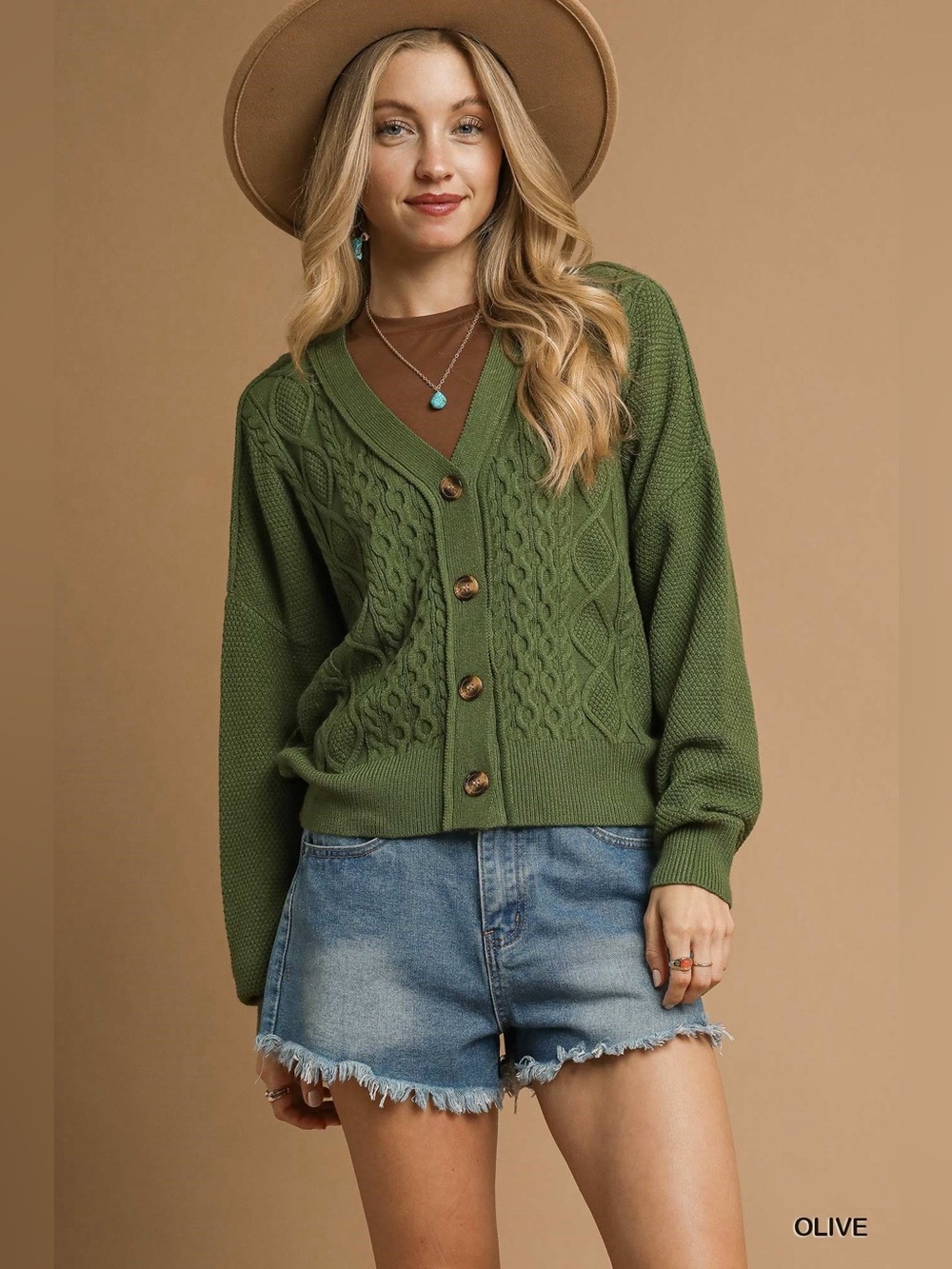 Umgee Chunky Cable Knit V-Neck Button-Up Cardigan